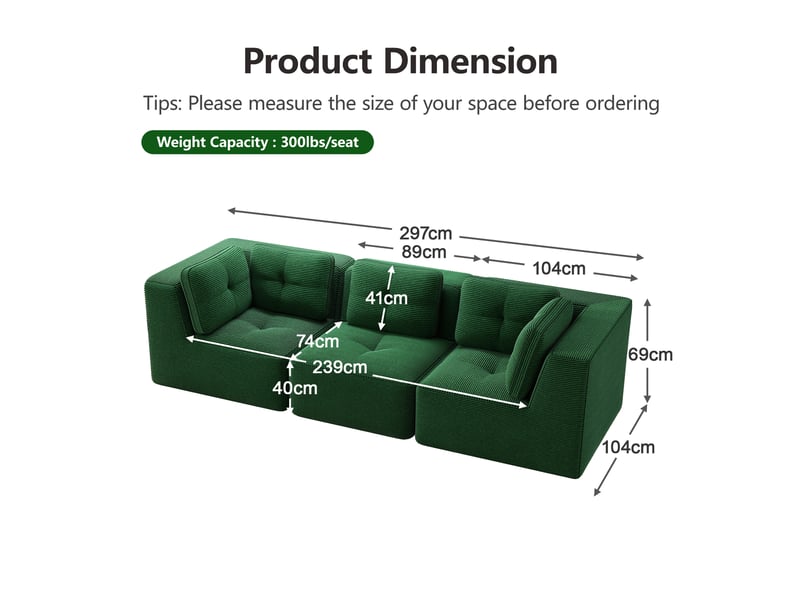  Canapé d'angle modulaire sans armature avec assise profonde en corduroy vert  - Conforama E