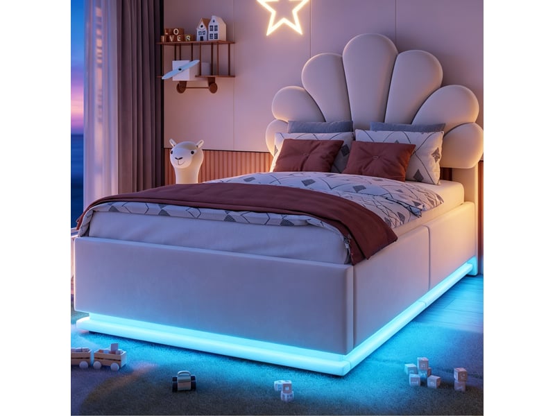  Lit simple 90x200 cm avec rangement hydraulique et led en velours beige  - Conforama D