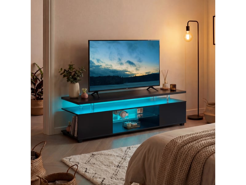  Lit double en velours avec oreilles de lapin et bandeau lumineux chaud réglable, coffre de rangement sous le lit, deux poufs, beige, 140x200 cm  - Conforama D