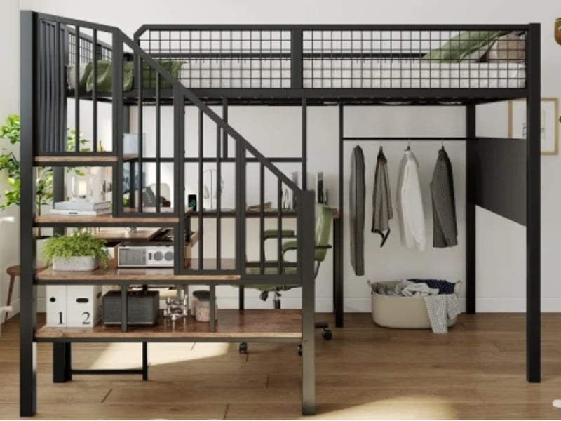  Lit mezzanine 140 × 200 cm, métal et bois, bureau d’angle, escalier, tablette clavier, prises, noir effet bois  - Conforama B