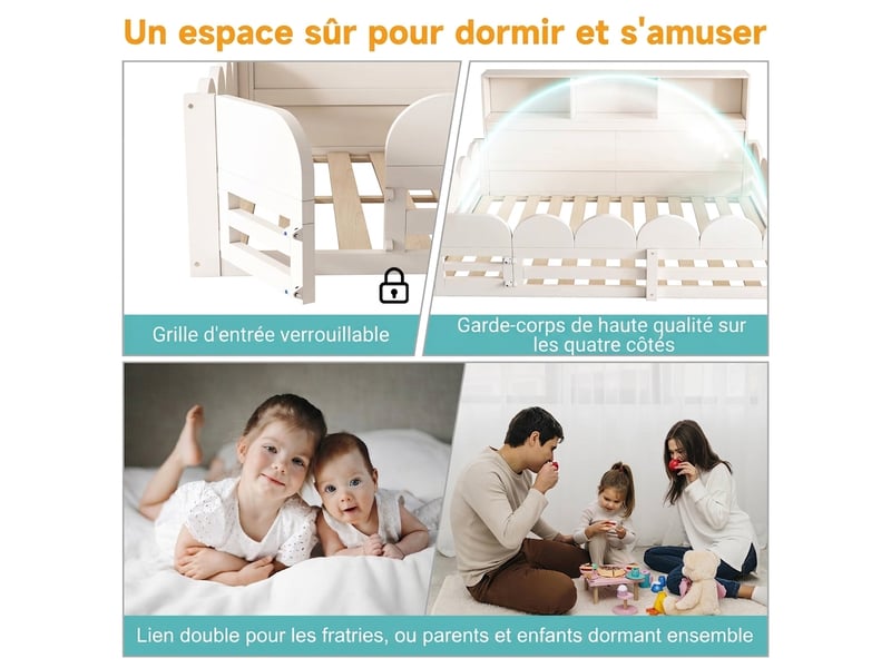  Lit au sol enfant 140x190 blanc en bois avec barrière et porte  - Conforama E