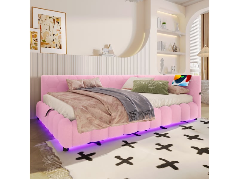 Lit en velours rose 152x213,5 cm - Conforama D