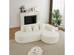 Canapé d’angle en l 3 places 222x157x73 cm avec méridienne droite, formes arrondies style wabi-sabi, 3 coussins dossier, chenille beige