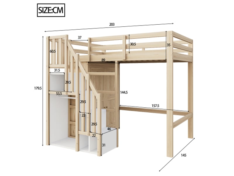 Lit mezzanine 90x200 cm, lit enfant avec portant, rangement, armoire, en bois, naturel, sans matelas - Conforama C