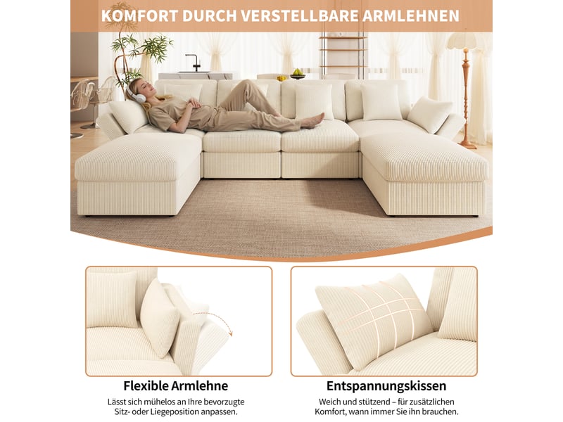  Canapé modulable en u 6 places en velours côtelé beige N653P98264A - Conforama D