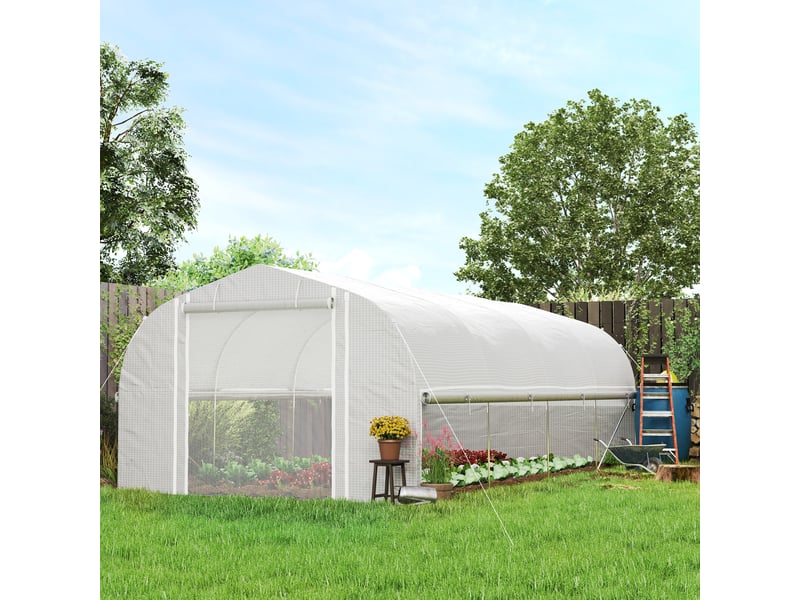  Serre de plain-pied de 6 x 3 x 2 m, 8 fenêtres, porte, moustiquaires, structure métallique, blanche  - Conforama D