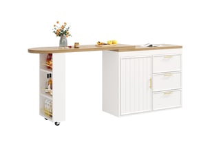 Table haute modenvie pivotante 360° avec 3 tiroirs, étagères réglables, anti-basculement, mdf et métal, blanche, 128-203 x 39 x 90 cm