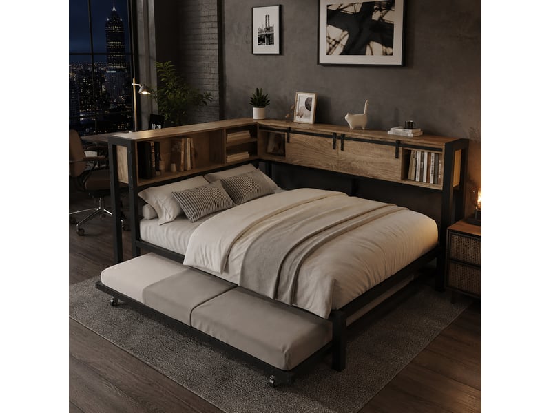  Lit jeune, lit gigogne 120x200 cm, noir, doté de tête de lit rangement, aspect bois  - Conforama D