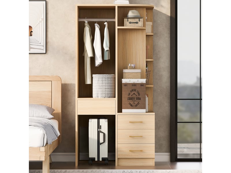 Armoire chambre penderie 70x55x175 cm - étagères, tiroirs et espace de rangement ouvert - bois naturel - Conforama B