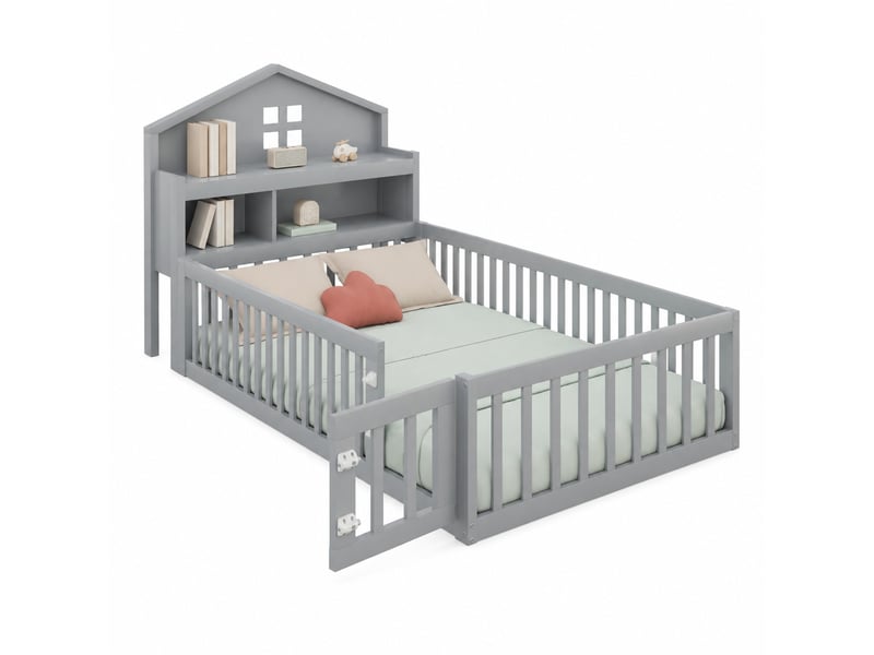  Lit enfant cabane 90x200 cm avec rangements, barrière et porte gris  - Conforama A