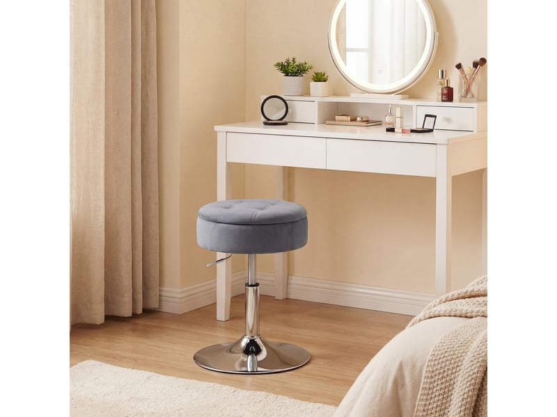  Tabouret de coiffeuse en velours, tabouret de maquillage pivotant avec rangement, hauteur réglable de 49-65 cm, gris  - Conforama C