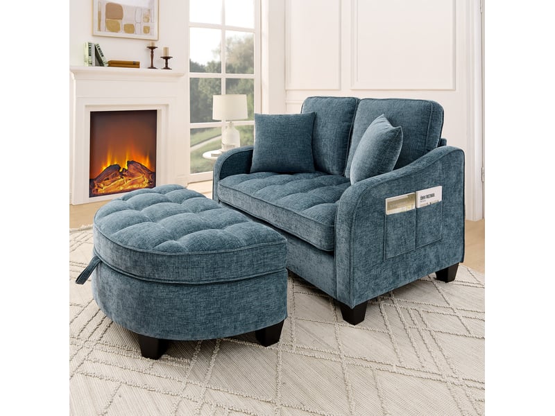 Canapé-lit convertible 1 place bleu en tissu avec pouf de rangement, idéal pour les petits espaces de vie  - Conforama E