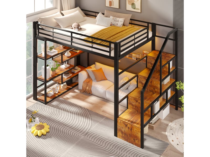 Lit mezzanine, 140 × 200 cm, noir, mdf et métal, rangements, garde-corps, échelle, espace ouvert dessous, led via app - Conforama E