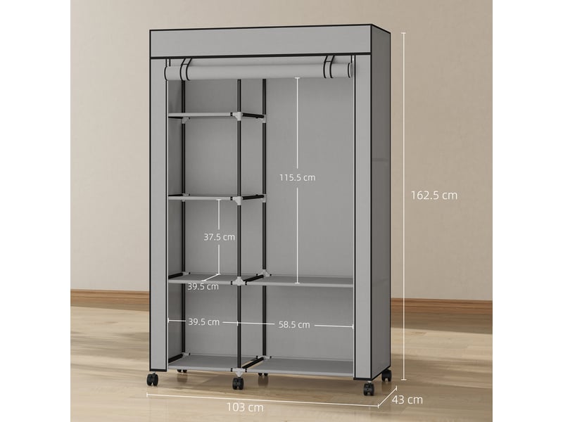  Armoire portable en tissu non tissé et acier, montée sur roulettes, 6 étagères ouvertes, cintres, gris clair  - Conforama E