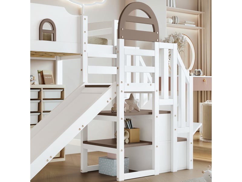  Lit superposé enfant 90x200 cm avec toboggan et escaliers, pin et mdf, blanc, sans matelas  - Conforama D