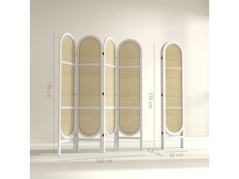  Paravent interieur en bois 4 panneaux 170 x 160 cm pliable et portable, blanc, motif tissé à la main  - Conforama C