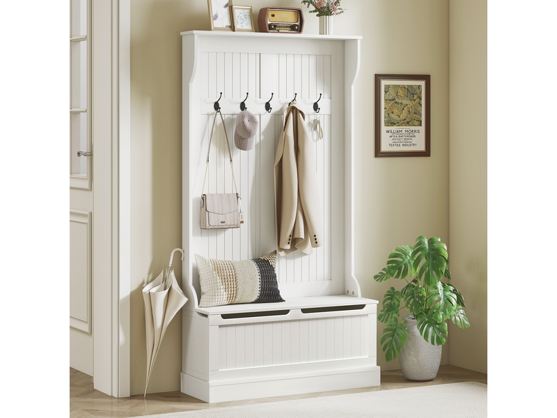  Meuble d'entrée avec banc porte manteaux 3 en 1 5 crochets banc de rangement pour salon couloir 96 x 34 x 179,7 cm crème  - Conforama C