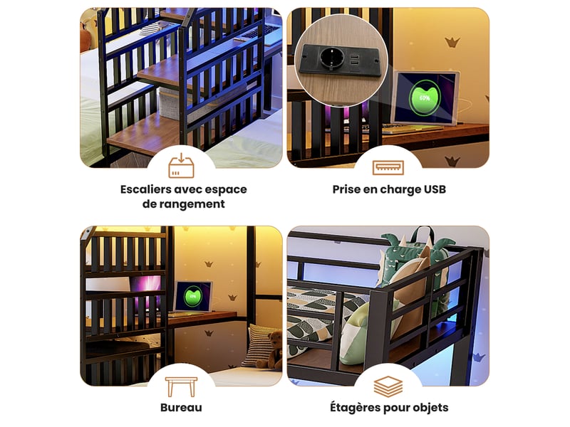 Lit superposé enfant 3 places 90×200 cm lit simple en métal avec bureau éclairage led rangement ports usb et sommier à lattes - Conforama R