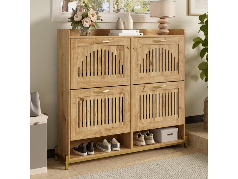  Meuble à chaussures 16 paires l108.5xp24xh100cm | 4 portes persiennes lamelles ajourées et métal | plateau rebord - naturel DreamMespace - Conforama B