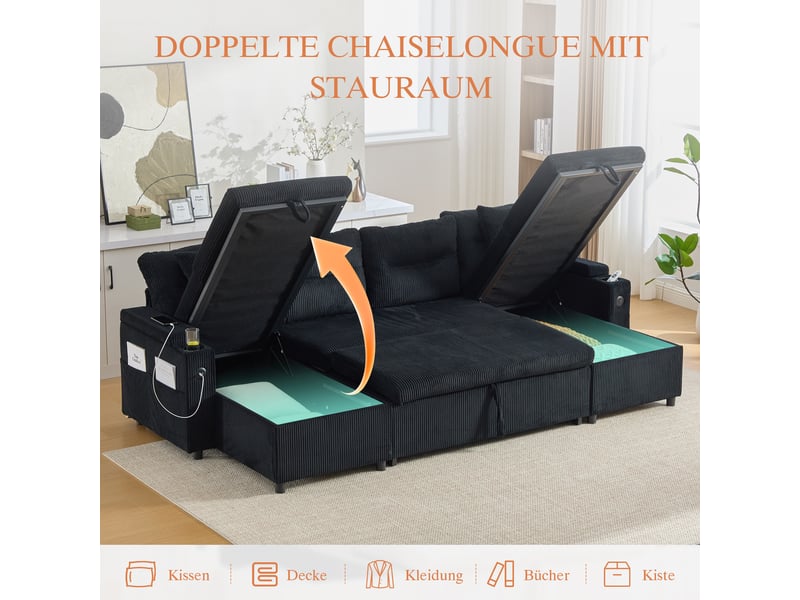  Canapé panoramique convertible 4 places 272 x 136 x 86 cm avec coffre et ports usb et porte-gobelets, poche de rangement latérale, velours côtelé, noir Morn Vibe - Conforama E
