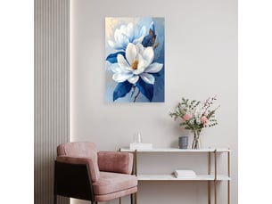 Tableau moderne, magnolia blanc sur fond bleu intense 60x90