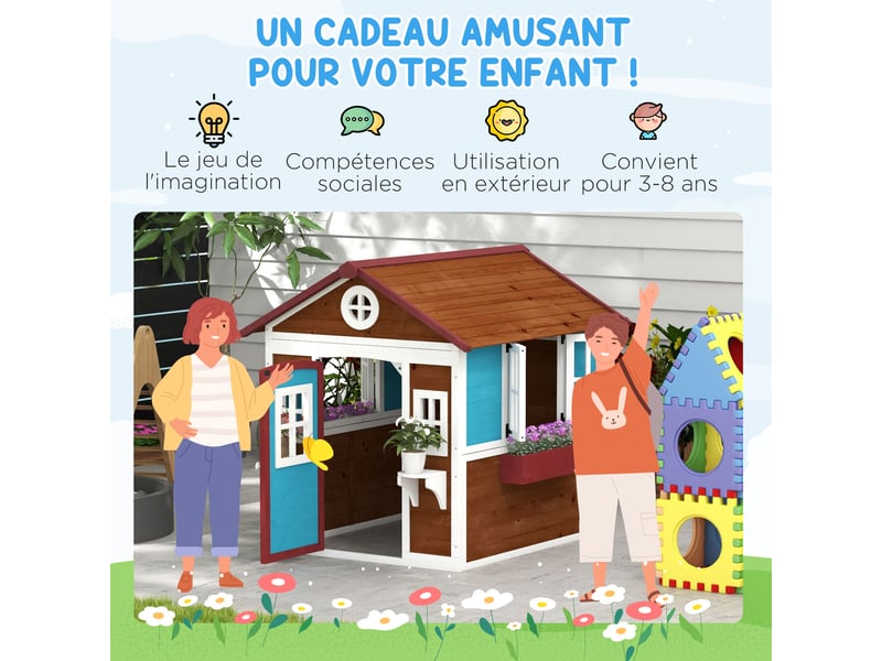  Cabane enfant extérieur maison enfant extérieure avec porte fenêtres et jardinières marron 114 x 126,4 x 135 cm  - Conforama R