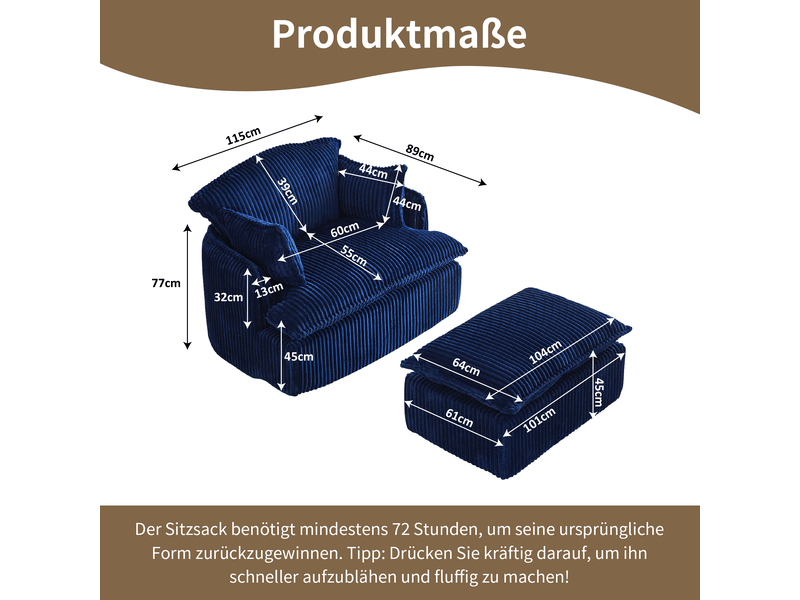  Fauteuil avec pouf compressé sans montage  - mousse haute densité, flanelle bleu, 115 × 89 × 77 cm  - Conforama D