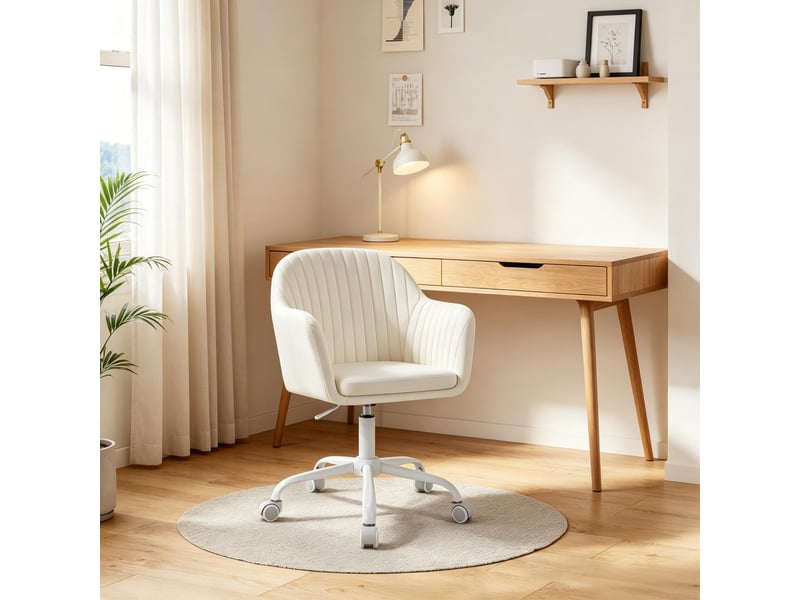  Chaise de bureau pivotante à hauteur réglable avec accoudoirs - lpospi - dossier ergonomique, velours crème blanc  - Conforama B