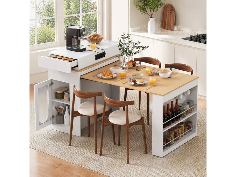 Desserte de cuisine extensible avec rangement et prises 83×46 146,5×96 cm en mdf et verre blanc - Conforama B