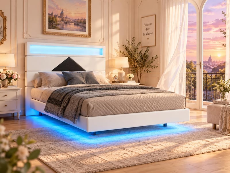 Lit 2 places 140x190 cm - usb et usb c - led intégrée - tissu velours blanc - Conforama B