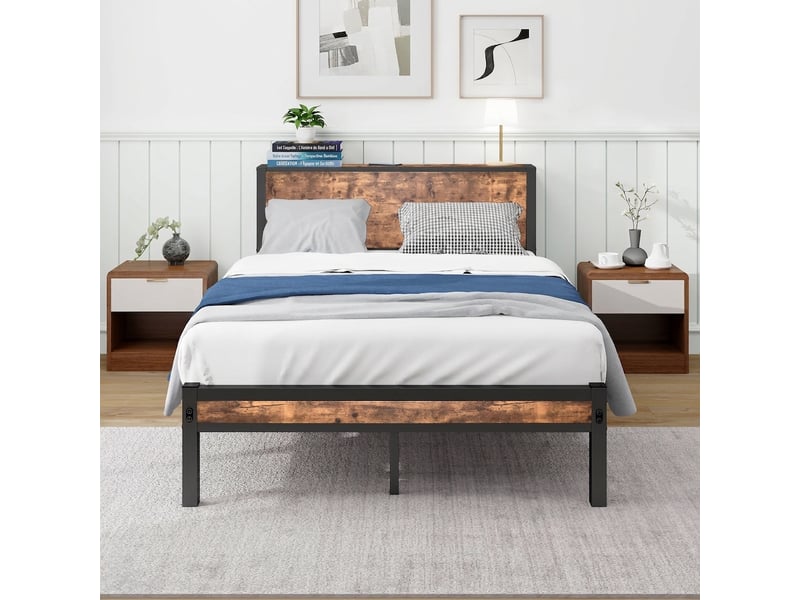  Cadre de lit 120x200, tête de lit avec rangement, plateforme robuste, lit en métal marron vintage  - Conforama B