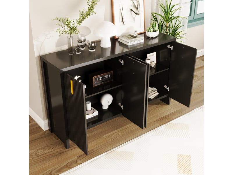  Buffet bas 140 x 38 x 80 cm avec poignées dorées, 4 portes et tablettes réglables, en panneau de particules, noir  - Conforama W