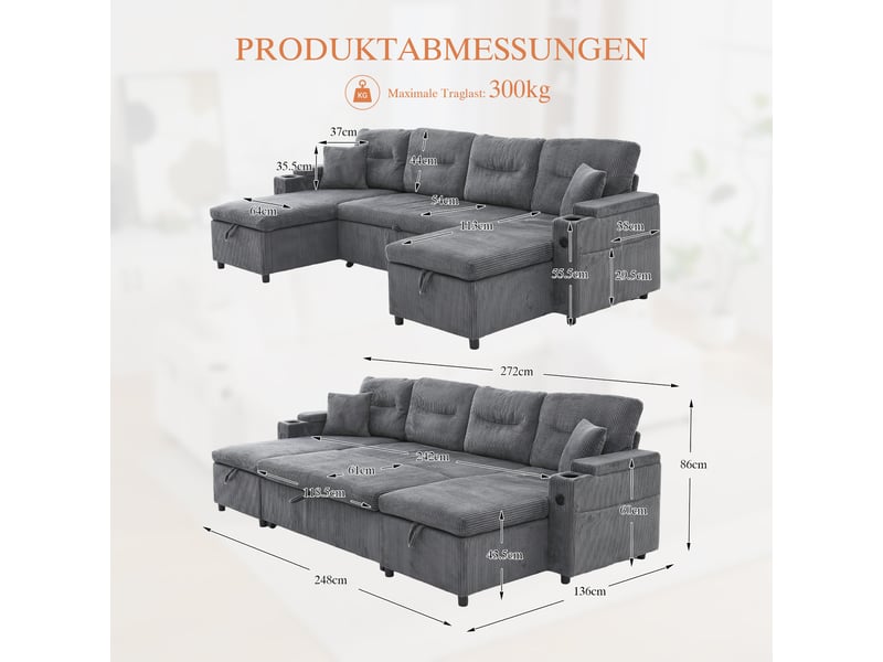  Canapé convertible 4 places en velours côtelé gris carbone avec coffre intégré et méridiennes  - Conforama C