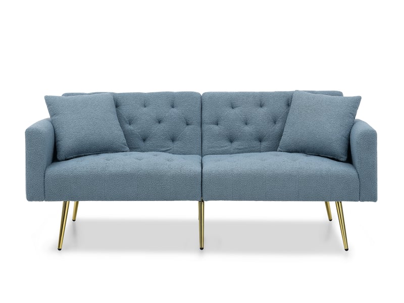  Canapé droit 2 places 177x78x74 cm, 2 coussins, dossier inclinable 3 positions, pieds métal, teddy bouclette bleu  - Conforama A