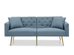 Canapé droit 2 places 177x78x74 cm, 2 coussins, dossier inclinable 3 positions, pieds métal, teddy bouclette bleu