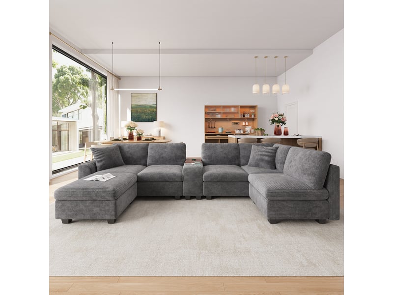Canapé panoramique modulable 6 places 311x139x85 cm, canapé en u ou l avec pouf coffre, usb et type-c, poches de rangement, console mobile avec 2 porte-gobelets, velours côtelé, gris - Conforama D