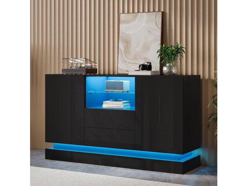  Buffet bas avec éclairage led, 2 portes et 2 tiroirs, 140 cm evryae  - Conforama B