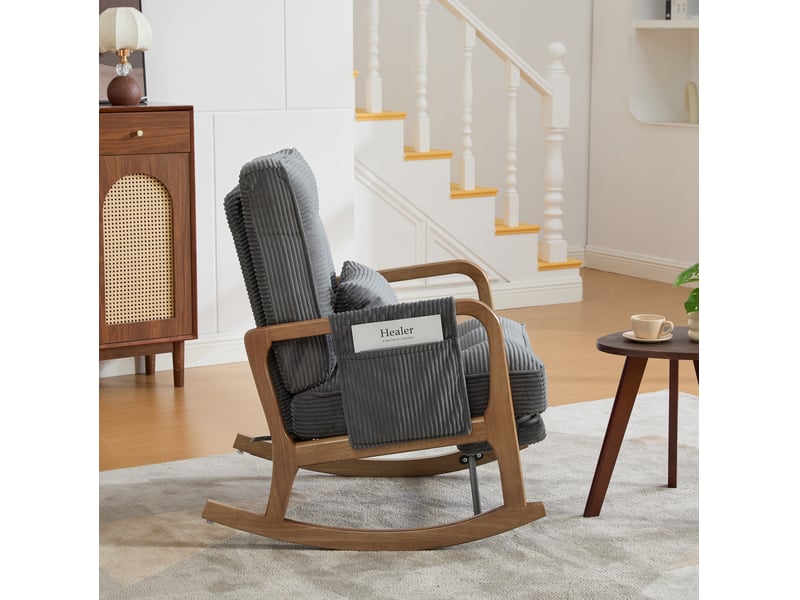  Fauteuil à bascule 70x80x92 cm, dossier réglable, gris, revêtement en velours côtelé, repose-pieds, fauteuil relaxation, poche latérale  - Conforama D