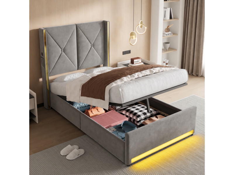  Lit coffre 90 x 200 cm en velours gris foncé, tête haute capitonnée, ouverture hydraulique, usb, usb-c et led  - Conforama D
