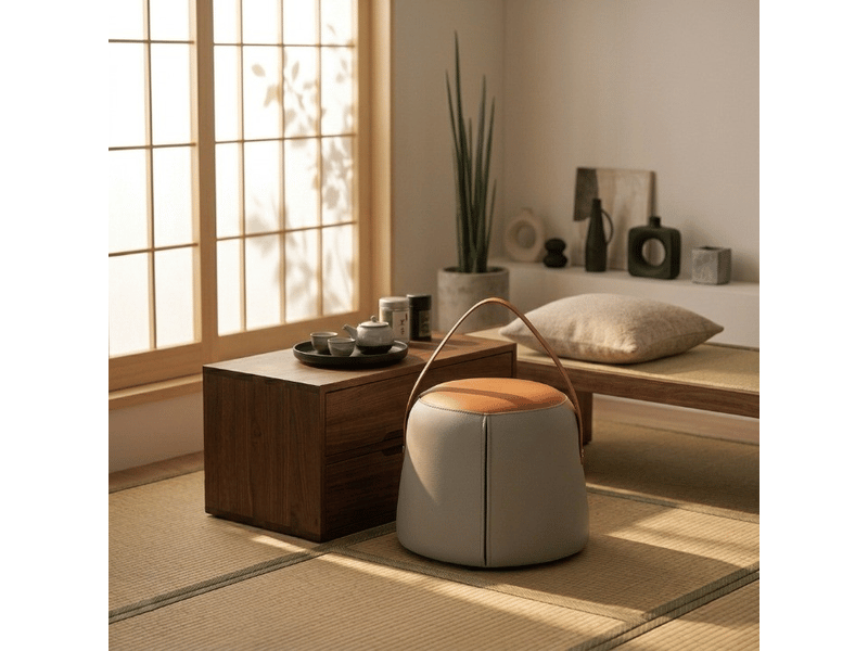  Tabouret moderne - gris - cuir pu - 34.5x34.5x29 cm - poignée en cuir pu - design géométrique - rembourrage en mousse 34.5x34.5x29cm - Conforama C