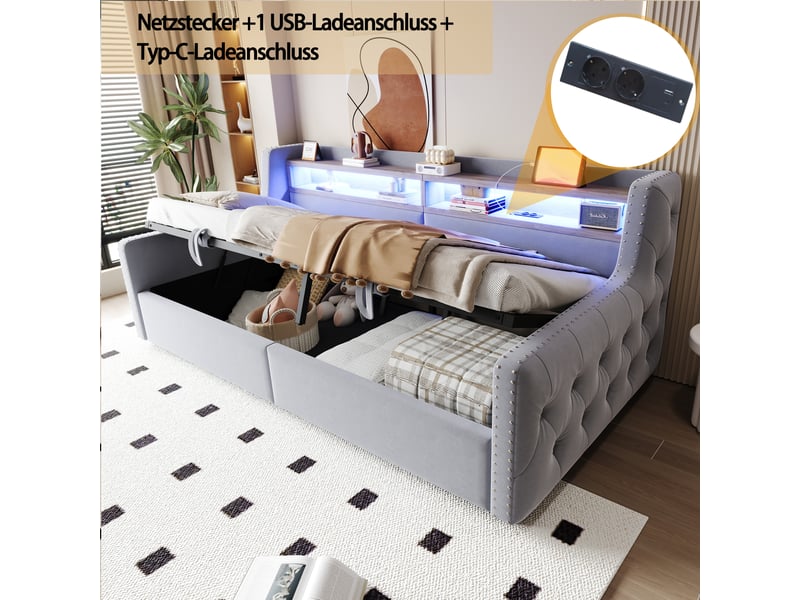  Canapé-lit 90x200 gris clair, rangement hydraulique, led, prise, usb, dossier épais  - Conforama D