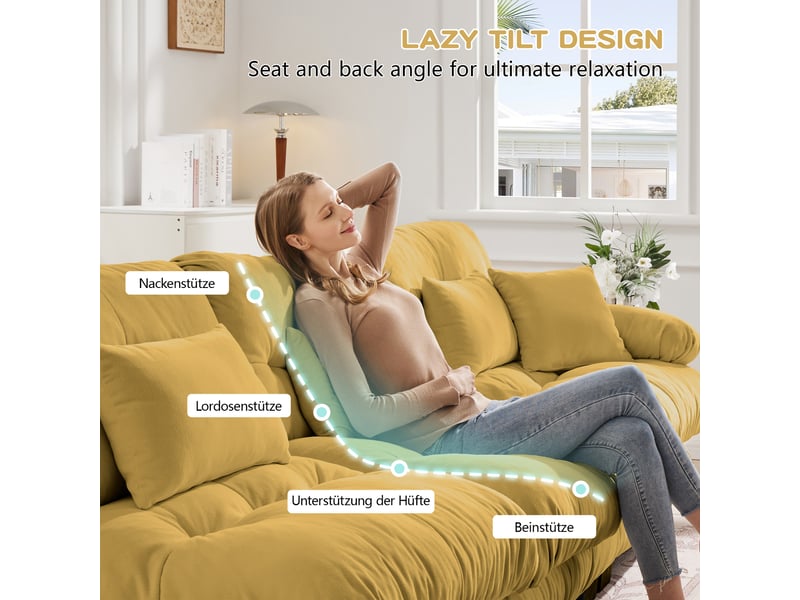  Canapé nuage d'angle modulable 3 places 313x145x81 cm avec pouf mobile, assise profonde, accoudoirs arrondis, chenille jaune Radiant Stride - Conforama E