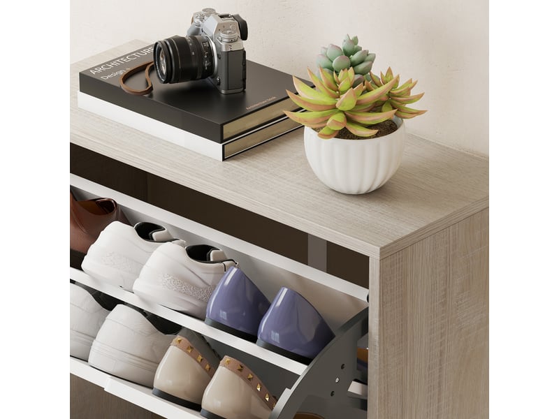  Meuble à chaussures design bicolore effet bois clair blanc 3 portes  - Conforama D