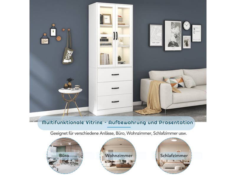  Vitrine haute de rangement 60 x 40 x 200 cm avec 2 portes vitrées, 3 tiroirs, 2 étagères réglables, éclairage led, poignées noires, mdf, blanc  - Conforama D