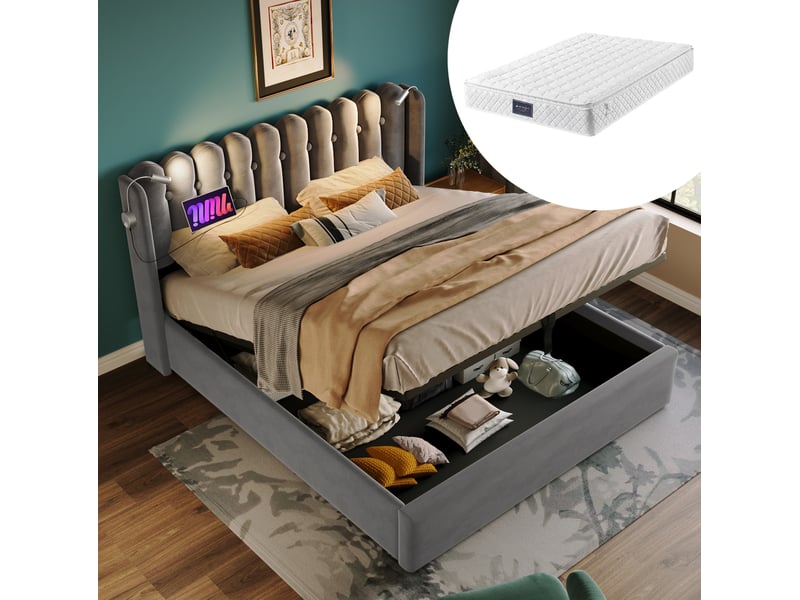  Modenvie lit coffre 160x200 cm - avec usb, liseuse et rangement intégré, matelas inclus - gris  - Conforama B