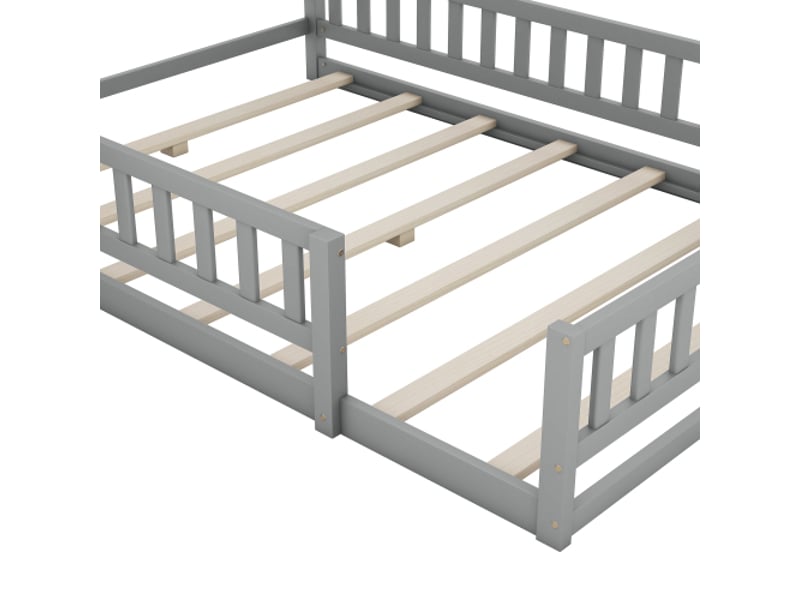 Lit enfant 140x200cm, lit double, lit de maison avec garde-corps, table de nuit, lit plat, pin + mdf, gris - Conforama E