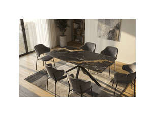 Table solara 160 cm en céramique noire effet marbre sable avec pied étoile – 6 places