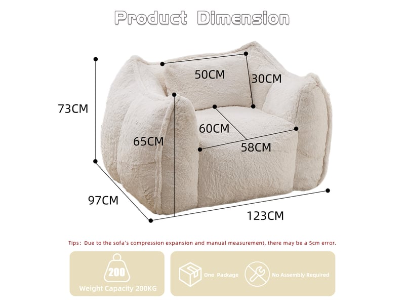  Fauteuil poire modenvie grand format en fausse fourrure beige avec coussin 123 x 97 x 73 cm pour salon ou chambre  - Conforama C