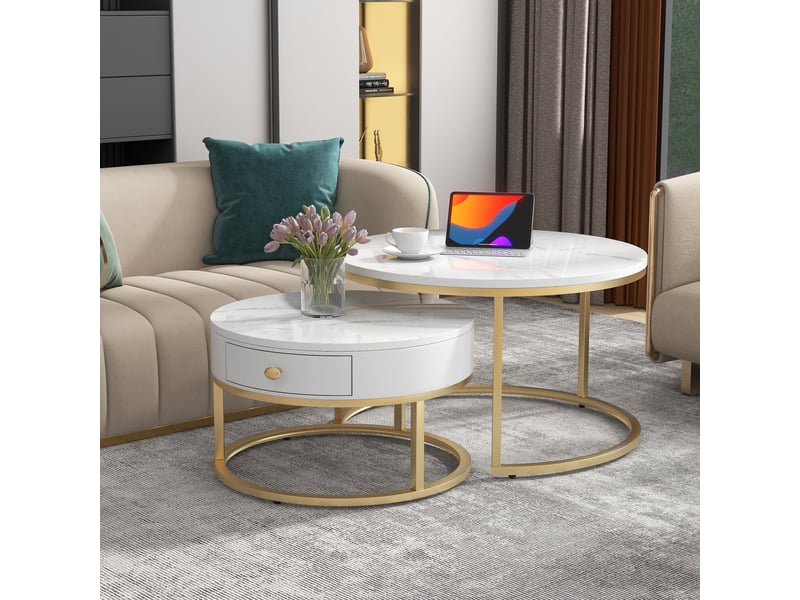  Table basse gigogne effet marbre blanc lot de 2 tables rondes modernes pour salon  - Conforama C