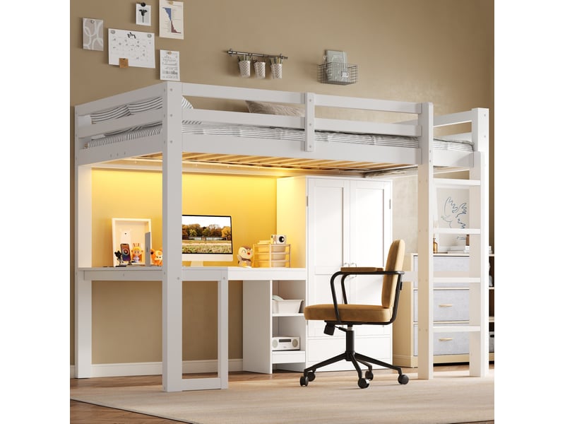 Lit mezzanine 90x200 cm bureau rangement, armoire escalier, usb led, mdf pin blanc sans matelas  - Conforama E